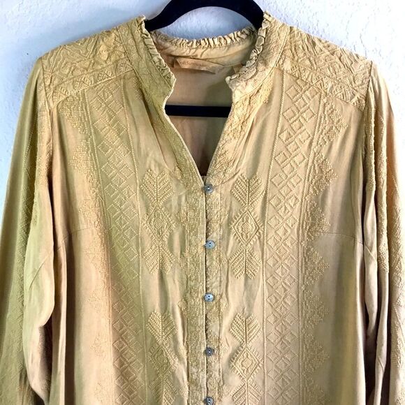Mustard long sleeve embroidered button down shirt western peasant 1800s saloon S - Picture 2 of 8